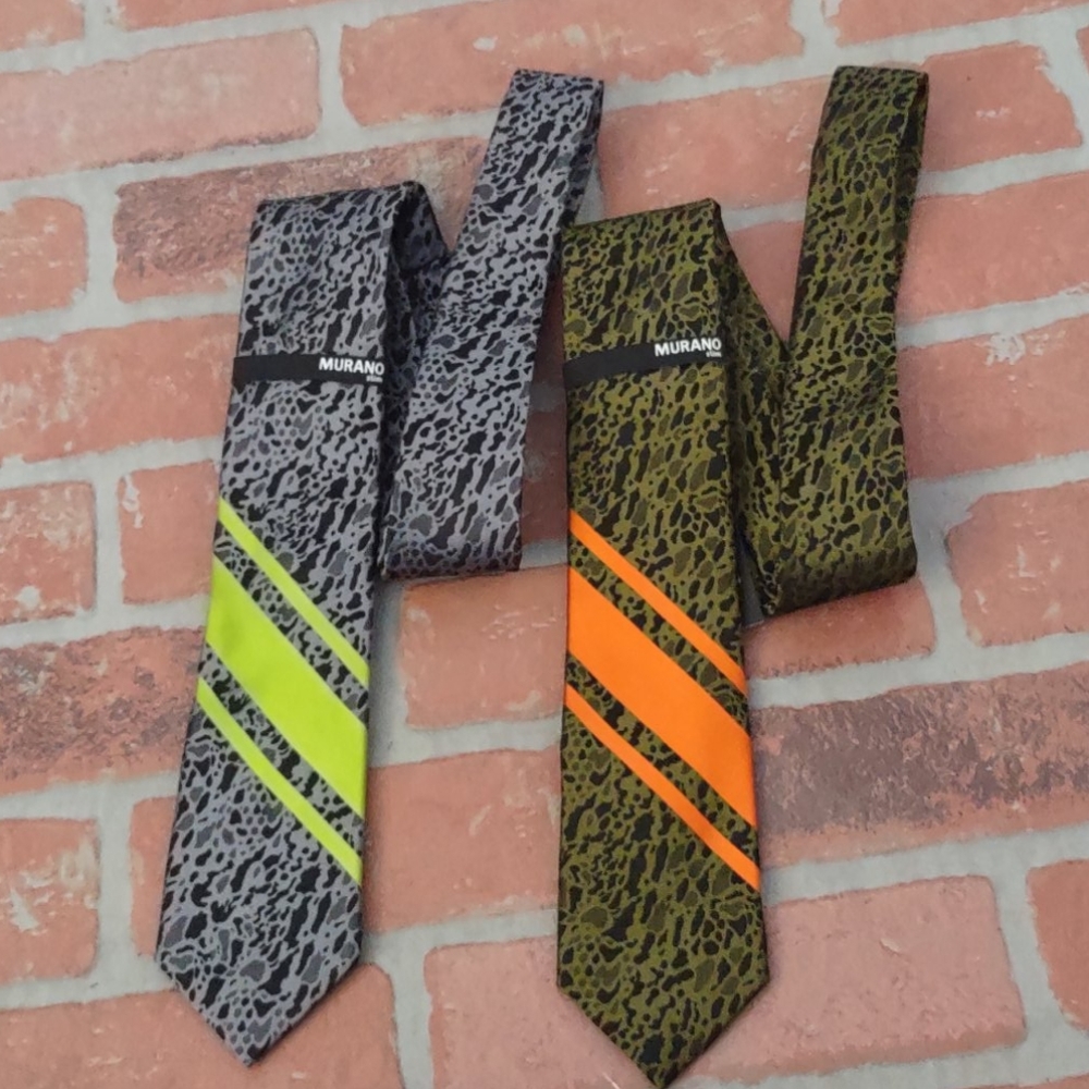 Murano Camouflage Slim Neon Green Orange Retro LOT OF 2 SILK TIES Murano $99 NEW - Picture 5 of 6